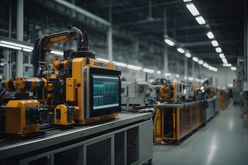 Industry 4.0 smart factory interior showcases IIoT machines, efficient workstations, and automated production lines, optimizing the manufacturing process for improved performance design.