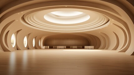 Obraz premium The interior of a futuristic auditorium, crafted with smooth wooden curves and a grand circular skylight, creating a warm, inviting atmosphere.