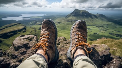 A Close-Up of a Mountaineer's Feet Braving the Mountain Heights - obrazy, fototapety, plakaty