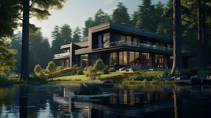 Obraz premium Nestled in a lush forest, this contemporary retreat boasts floor-to-ceiling windows with a serene lake view, blending luxury with nature.