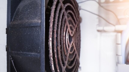Close up the Heat dissipation fan on electrical panel to cool working electrical components.