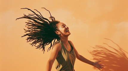 Happy young carefree candid black woman flipping her dreadlocks hair in the air, happiness and wellness concept, AI generated - Powered by Adobe