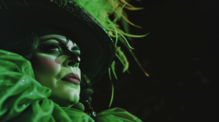 Green drag queen witch portrait against black background, copy space, ai generated
