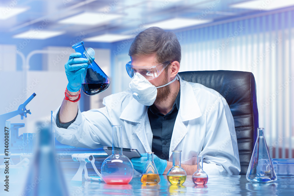 Poster man is scientist. laboratory assistant with test tube. doctor is conducting experiments. scientist s
