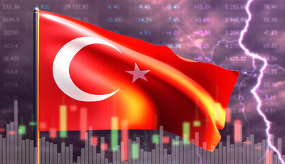 Economy of turkey. National flag with quotes. Depreciation of lira. Falling Turkish currency exchange rates. Devaluation of lira. Crisis in Turkish republic. Lightning near Turkish flag. 3d image