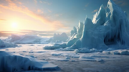Winter landscape with melting glaciers and icebergs. Global warming and climate change concept.