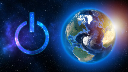 Planet earth. Turn off button in space. Earth hour for taking care of environment concept. Power button in starry sky. Environmental activism. 3d image planet earth, elements from nasa
