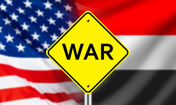 War USA and Yemen. Armed conflict two countries. Flags of USA and Yemen. Yellow road sign with word war. Fighting between countries. Military operation of United States of America. 3d image