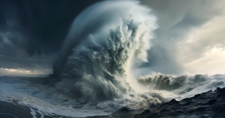 A Towering Waterspout's Dance Above the Turbulent Ocean Depths - obrazy, fototapety, plakaty