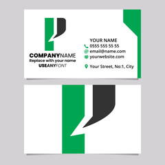 Green and Black Business Card Template with Bold Rectangle Shaped Letter P Logo Icon