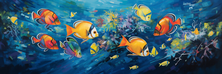 Naklejka na ściany i meble Vibrant Tropical Fish Swimming in Coral Reef