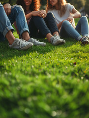 Group of teenagers sitting on the lawn, Close up of body parts. Concept of lifestyle, freedom or relaxation. Summer camp, Resting while sitting on the grass. Generative Ai