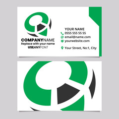 Green and Black Business Card Template with Compass Shaped Letter Q Logo Icon