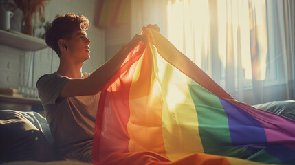 Ein junger Mann steht stolz und selbstbewusst da, während er die Regenbogenfahne der LGBTQ+-Bewegung hält. 