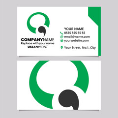 Green and Black Business Card Template with Comma Shaped Letter Q Logo Icon