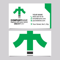 Green and Black Business Card Template with Cross Shaped Letter T Logo Icon