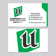 Green and Black Business Card Template with Distorted Square Shaped Letter U Logo Icon