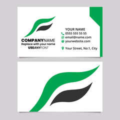Green and Black Business Card Template with Flying Bird Shaped Letter F Logo Icon