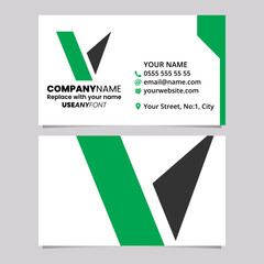 Green and Black Business Card Template with Geometrical Letter V Logo Icon