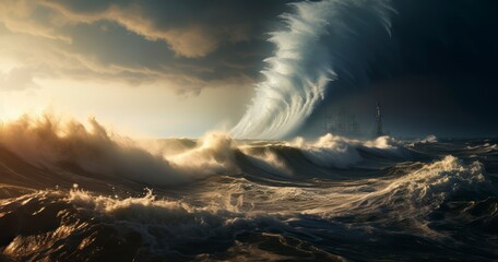 The Power and Beauty of a Waterspout Soaring Above the Turbulent Sea - obrazy, fototapety, plakaty