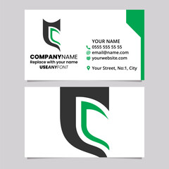 Green and Black Business Card Template with Half Shield Shaped Letter C Logo Icon