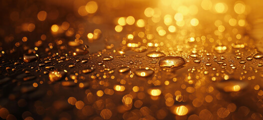 Golden water droplets on surface with sparkling bokeh. Abstract background with copy space.