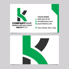 Green and Black Business Card Template with Overlapping Shaped Letter K Logo Icon