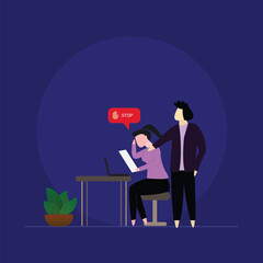 Sexual Harassment and bullying in work place. Assault and Abuse behavior. Man touching woman at inappropriate way. Stop violence against women