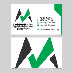 Green and Black Business Card Template with Pointy Tipped Letter M Logo Icon
