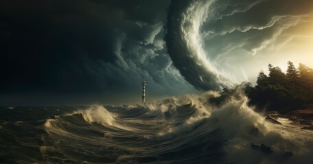 The Stunning Sight of a Waterspout Twirling Above the Ocean's Turmoil - obrazy, fototapety, plakaty