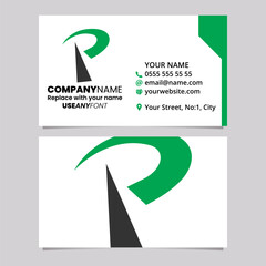 Green and Black Business Card Template with Pointy Tipped Letter P Icon