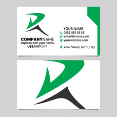 Green and Black Business Card Template with Pointy Tipped Letter R Logo Icon