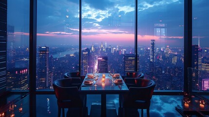 Elevate your dining experience with a table set against a backdrop of panoramic city lights,...