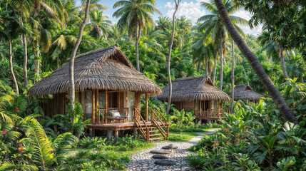 Fototapeta na wymiar Thatched huts nestled among tropical palms.