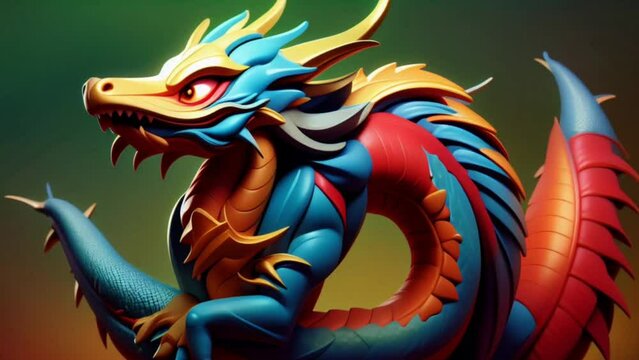 3D Dragon blue, red, gold colors which are in a standing position 