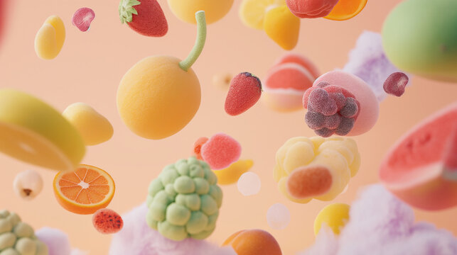 フレッシュでシンプルかわいい粘土で出来たフルーツ、ビタミンをイメージしたカラフルな3D風背景イラスト