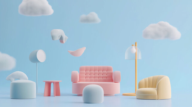 4月の春の新生活や快適な部屋、インテリアをイメージしたかわいい3Dクレイデザイン素材