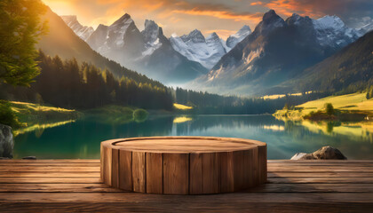 Photo realistic empty wooden podium for product showcase with natural background