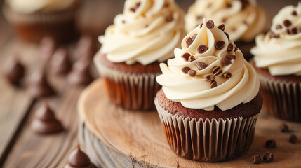 Delicious cupcakes topped with cream and chocolate.