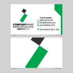 Green and Black Business Card Template with Square and Rectangle Shaped Letter I Logo Icon