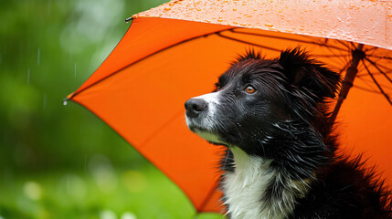 Dog under orange umbrella in the rain.
