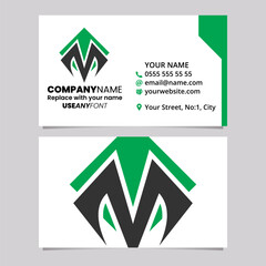 Green and Black Business Card Template with Square Diamond Letter M Logo Icon