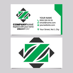 Green and Black Business Card Template with Square Diamond Letter Z Logo Icon