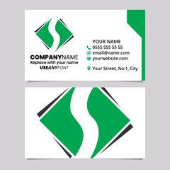 Green and Black Business Card Template with Square Diamond Letter S Logo Icon