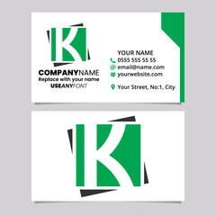 Green and Black Business Card Template with Square Letter K Logo Icon