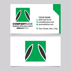Green and Black Business Card Template with Square Letter T Logo Icon