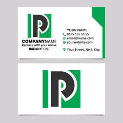 Green and Black Business Card Template with Square Letter P Logo Icon