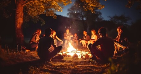 The Warm Company of Friends United in Song Around a Bonfire - obrazy, fototapety, plakaty