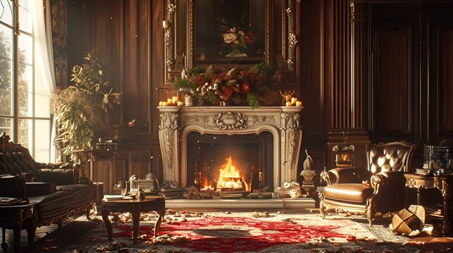  Enrich your interior ambiance with the timeless charm of a crackling fireplace, framed by an opulent Victorian mantle, invoking a sense of classic sophistication.