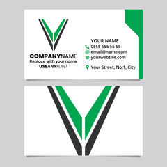 Green and Black Business Card Template with Striped Shaped Letter V Logo Icon
